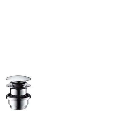 Chromfarbene Ablaufgarnitur von Hansgrohe mit Push-Open-Funktion, geeignet für Waschtisch- und Bidetmischer. Kompakte Bauform mit mehreren Elementen.